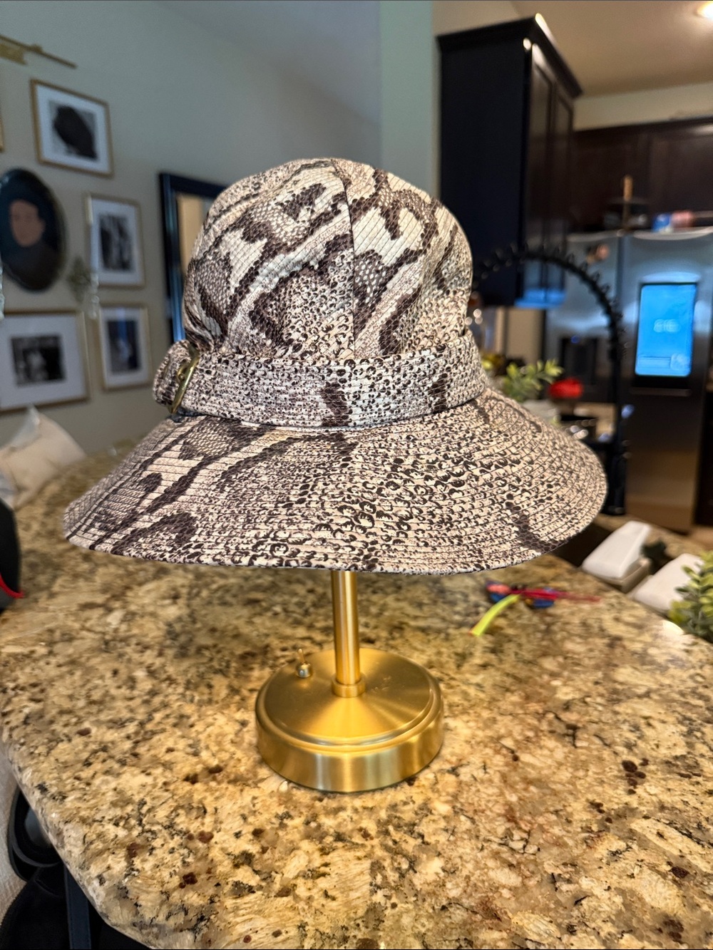 Yves Saint Laurent Neutral Snakeskin-Print Bucket Hat with Gold Buckle VINTAGE